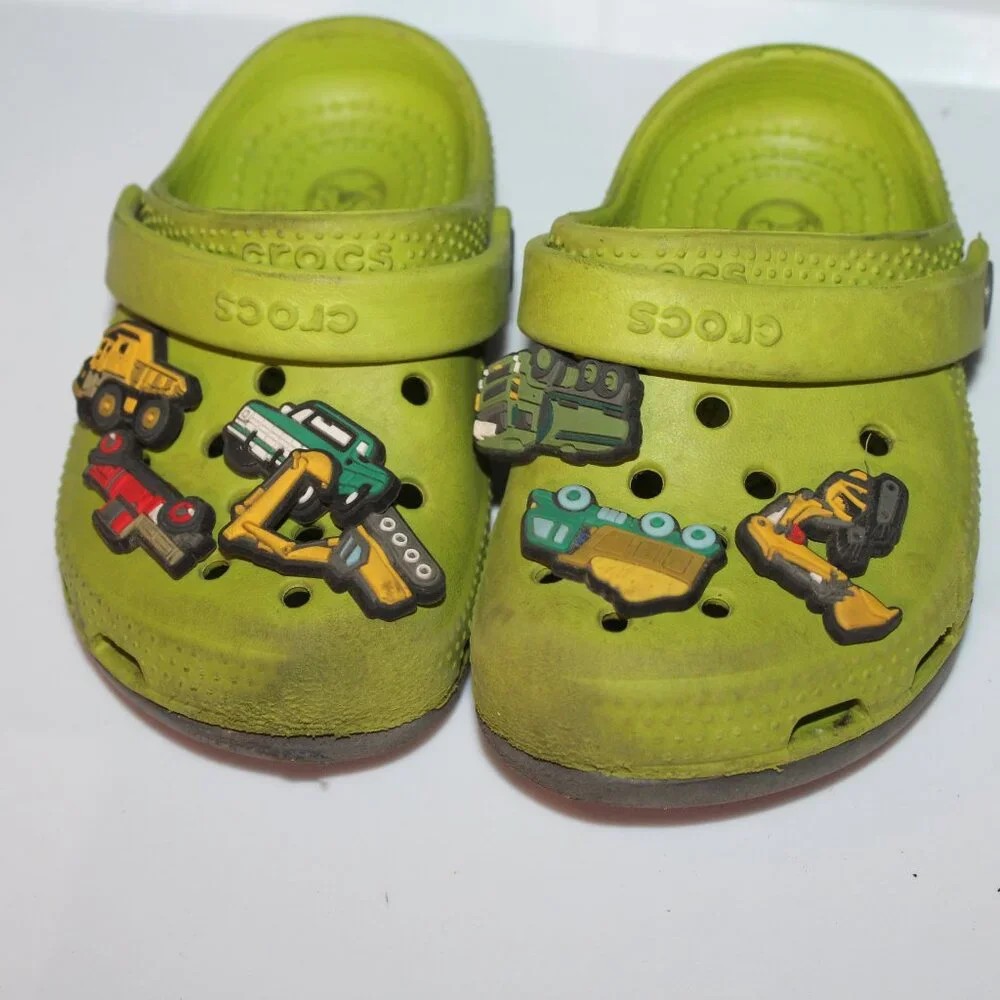 Green Crocs with‎ Construction Charms Sz. 6/7
